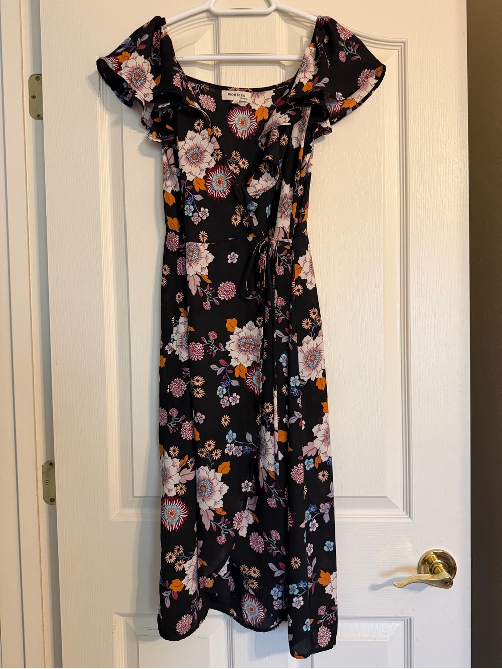Monteau Black Floral Midi Wrap Dress with Pink & Orange Blooms